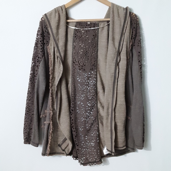 Miss Me Tops - Miss Me Open Front Mixed Media Hooded Sweater